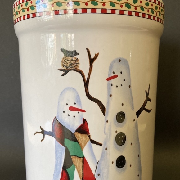 Debbie Mumm Snowman w/Baseball Cap Utensil Holder Jar Sakura Crock Christmas VTG - Picture 3 of 10